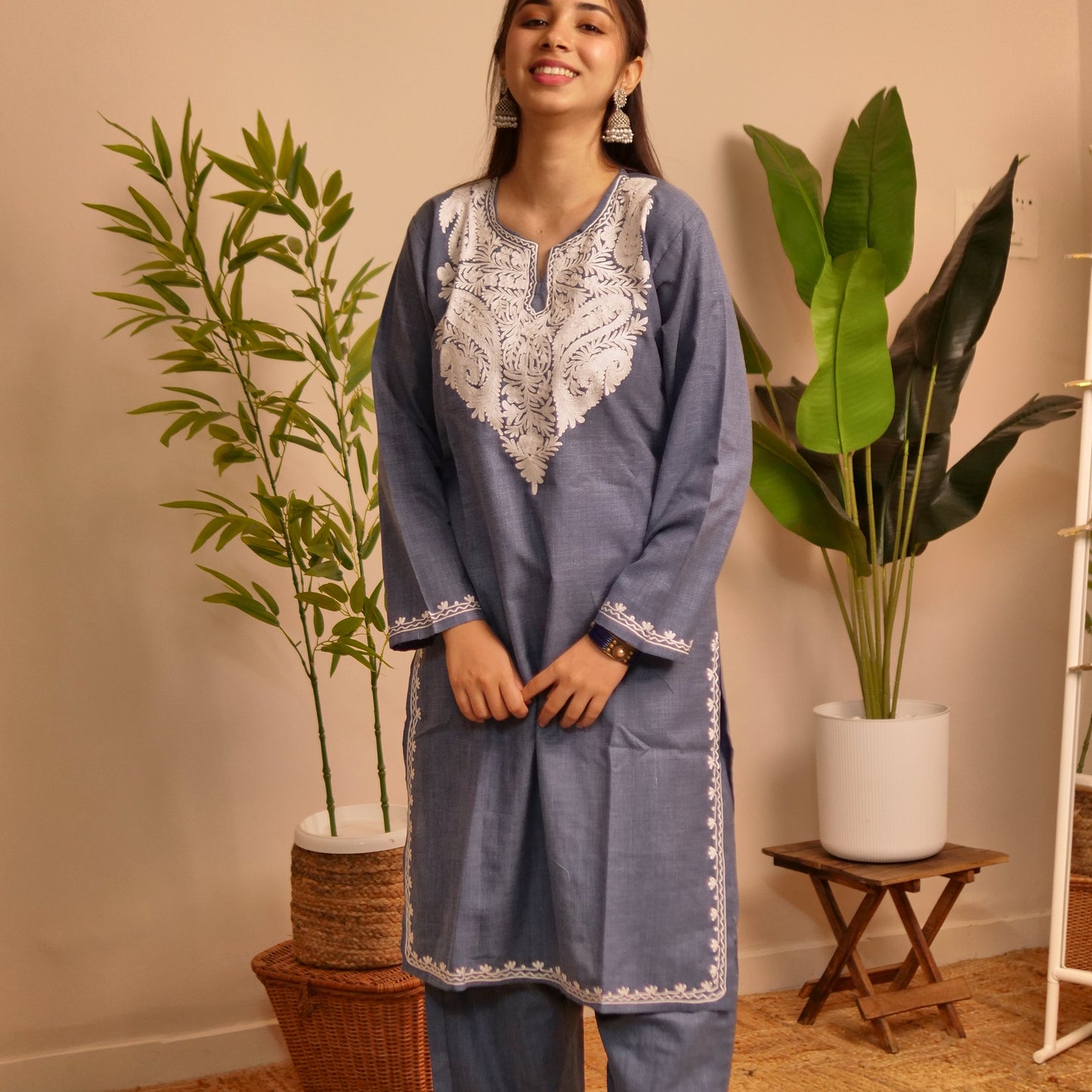 Denim Blue Cotton Kashmiri Kurti Set