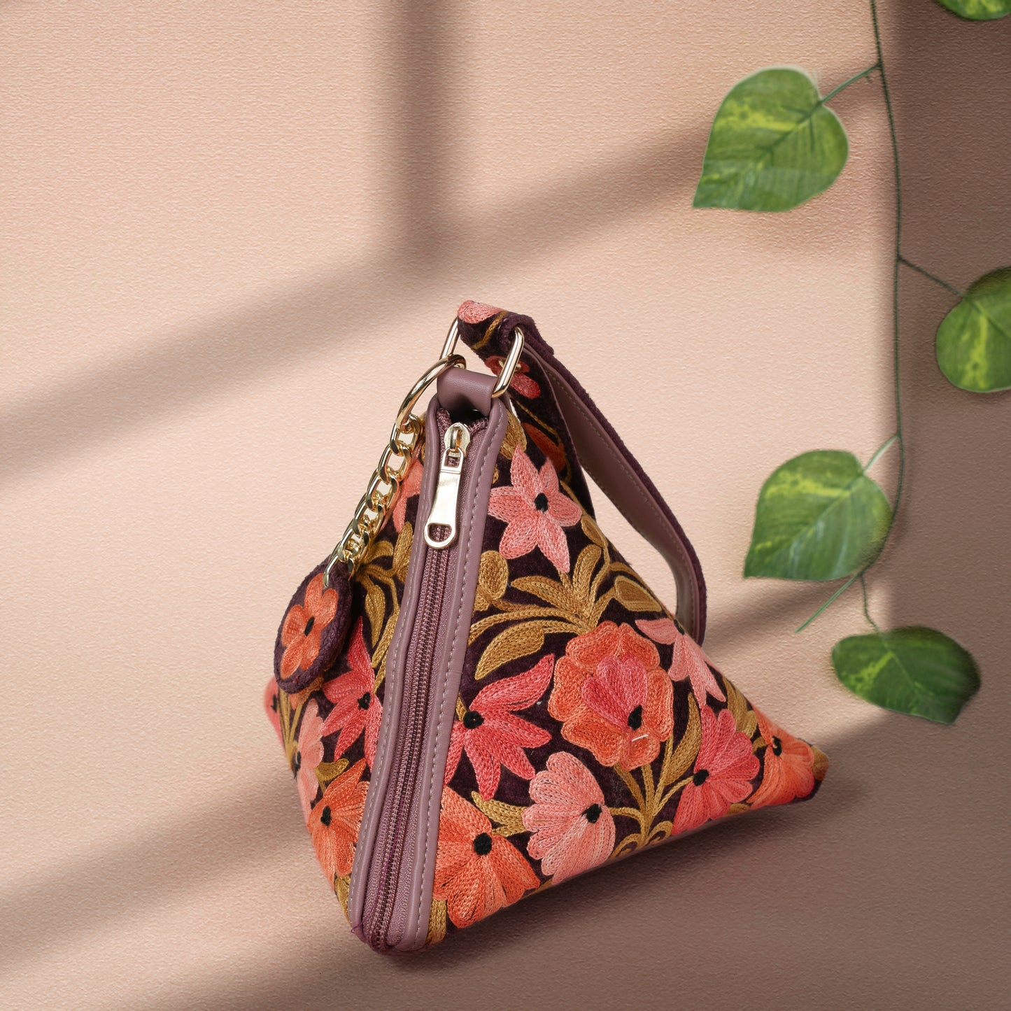 Peach Floral Kashmiri Velvet Triangle Bag