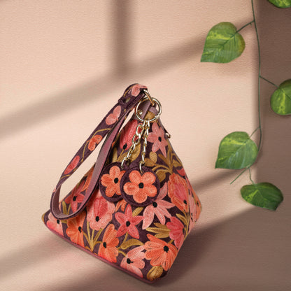 Peach Floral Kashmiri Velvet Triangle Bag