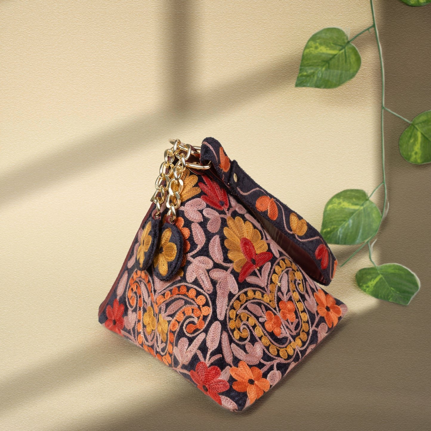 Charcoal with Orange Floral Kashmiri Velvet Triangle Bag
