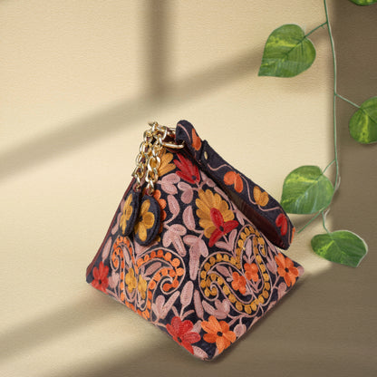 Charcoal with Orange Floral Kashmiri Velvet Triangle Bag