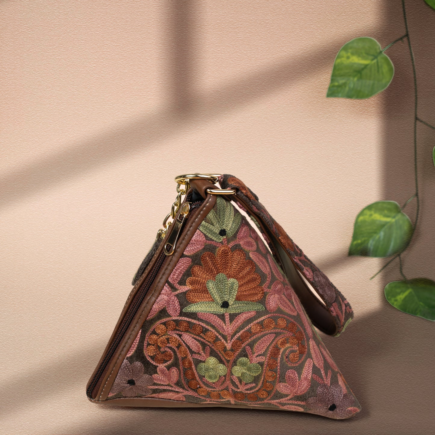 Dusty Rose with Sage Green Floral Kashmiri Velvet Triangle Bag