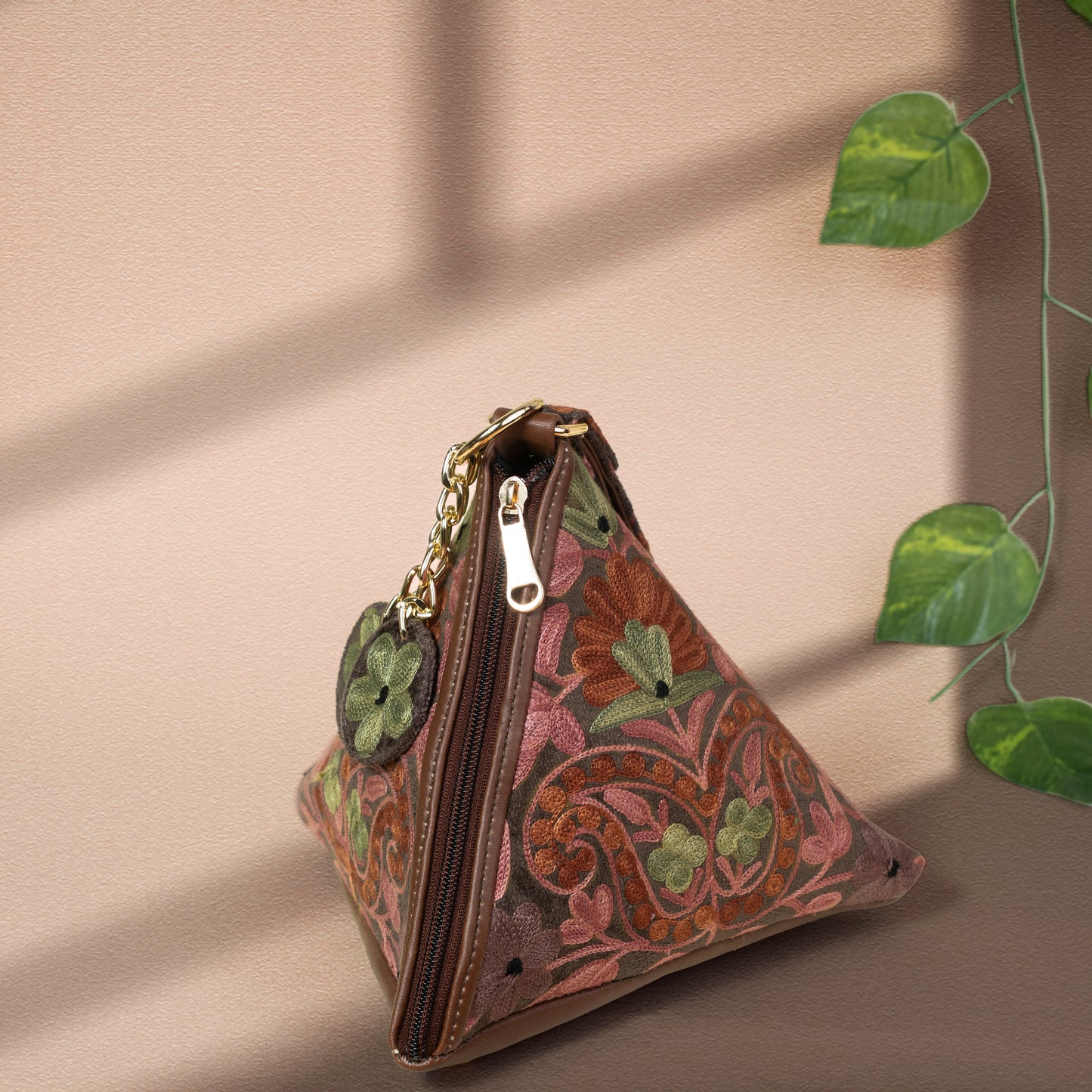 Dusty Rose with Sage Green Floral Kashmiri Velvet Triangle Bag
