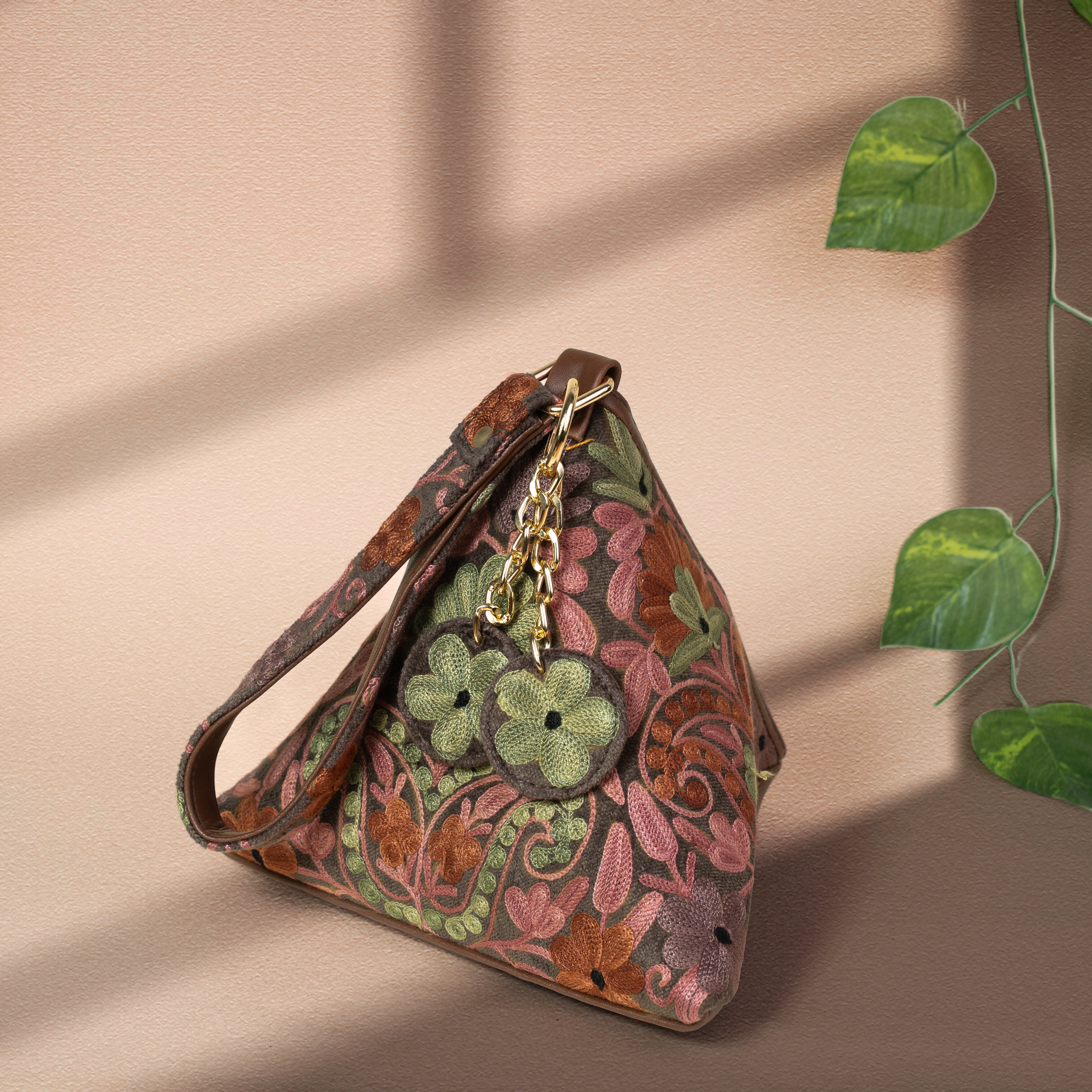 Dusty Rose with Sage Green Floral Kashmiri Velvet Triangle Bag