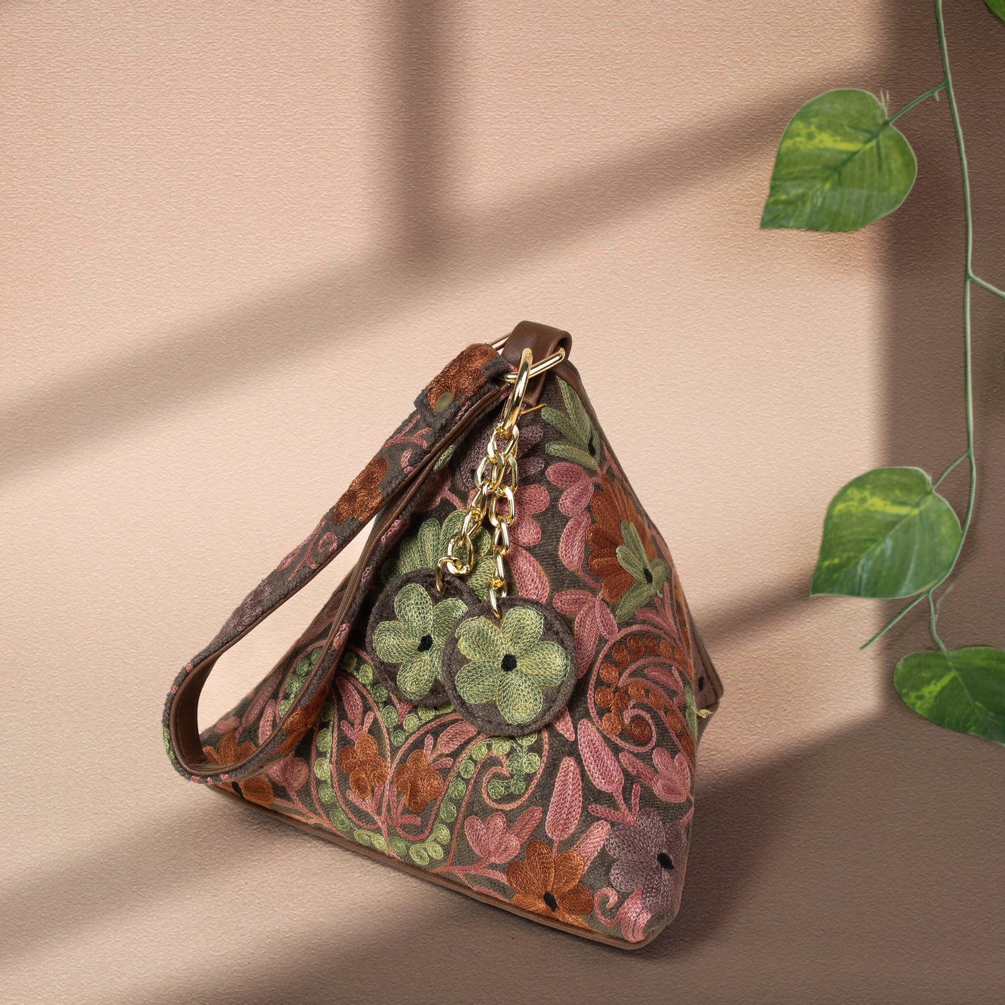 Dusty Rose with Sage Green Floral Kashmiri Velvet Triangle Bag