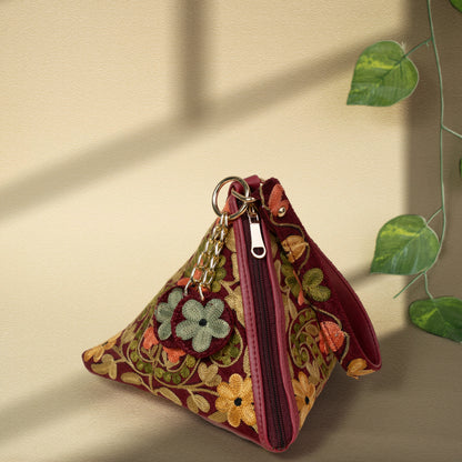 Maroon Floral Kashmiri Velvet Triangle Bag