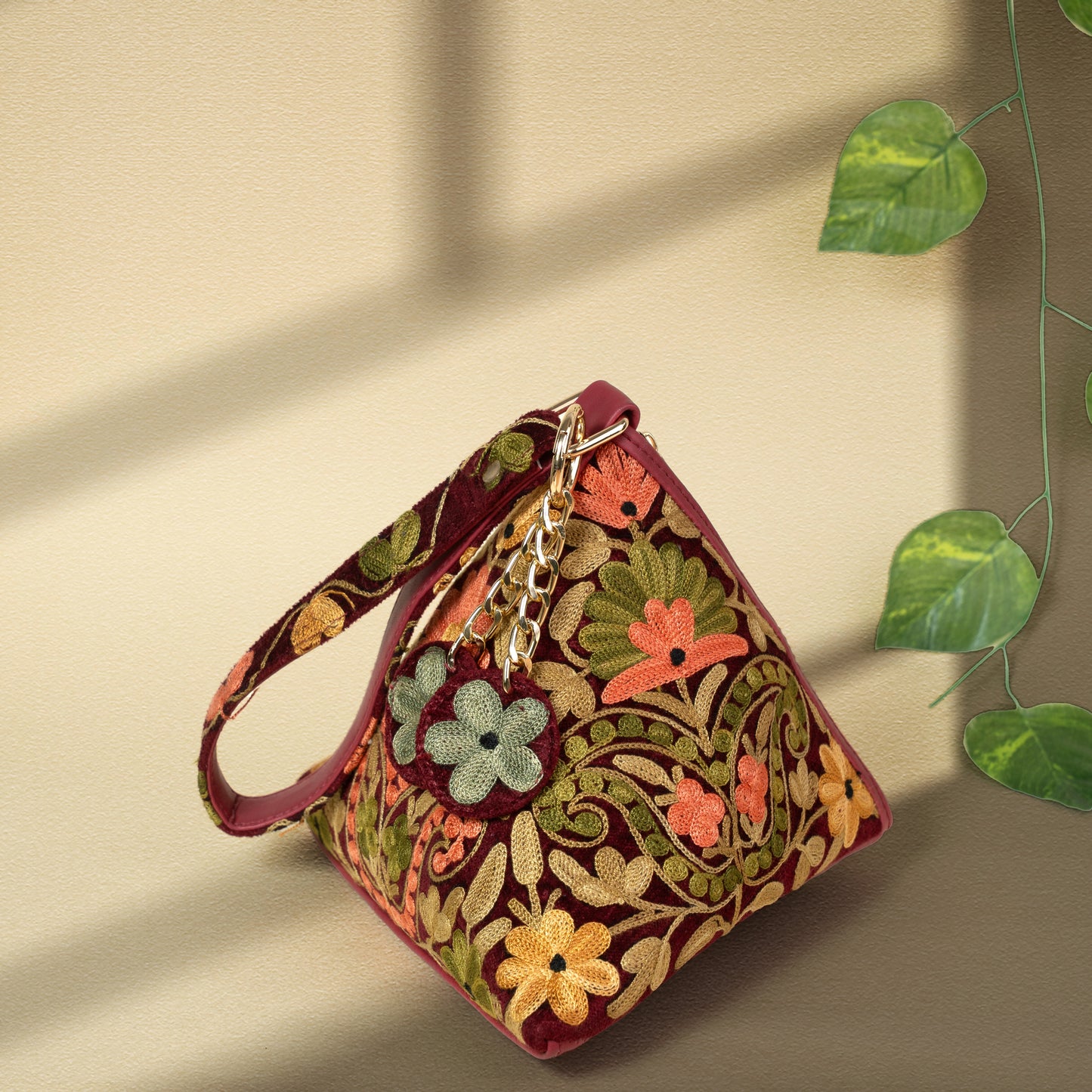 Maroon Floral Kashmiri Velvet Triangle Bag