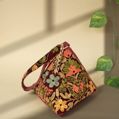 Maroon Floral Kashmiri Velvet Triangle Bag