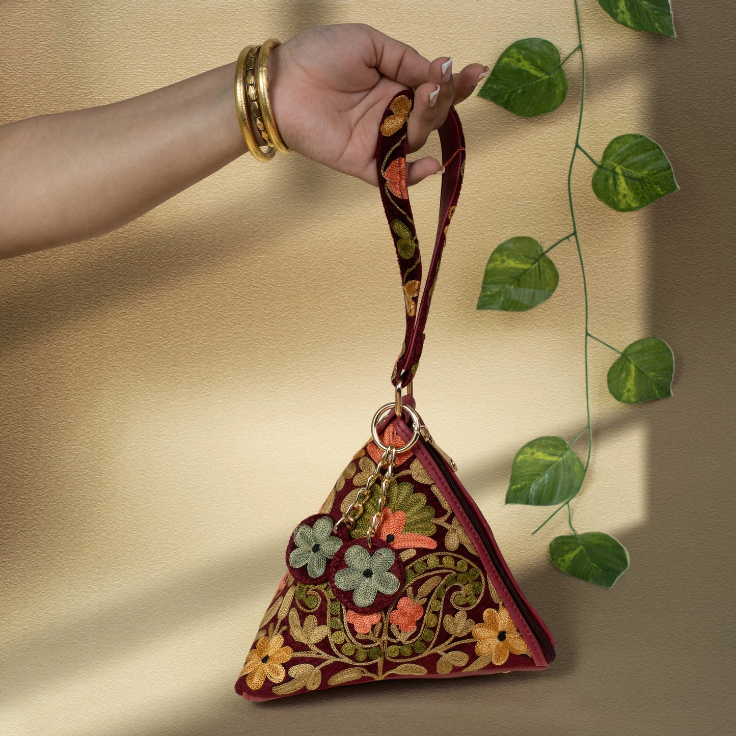 Maroon Floral Kashmiri Velvet Triangle Bag