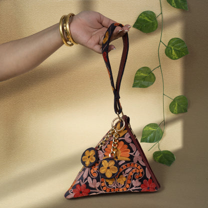 Charcoal with Orange Floral Kashmiri Velvet Triangle Bag