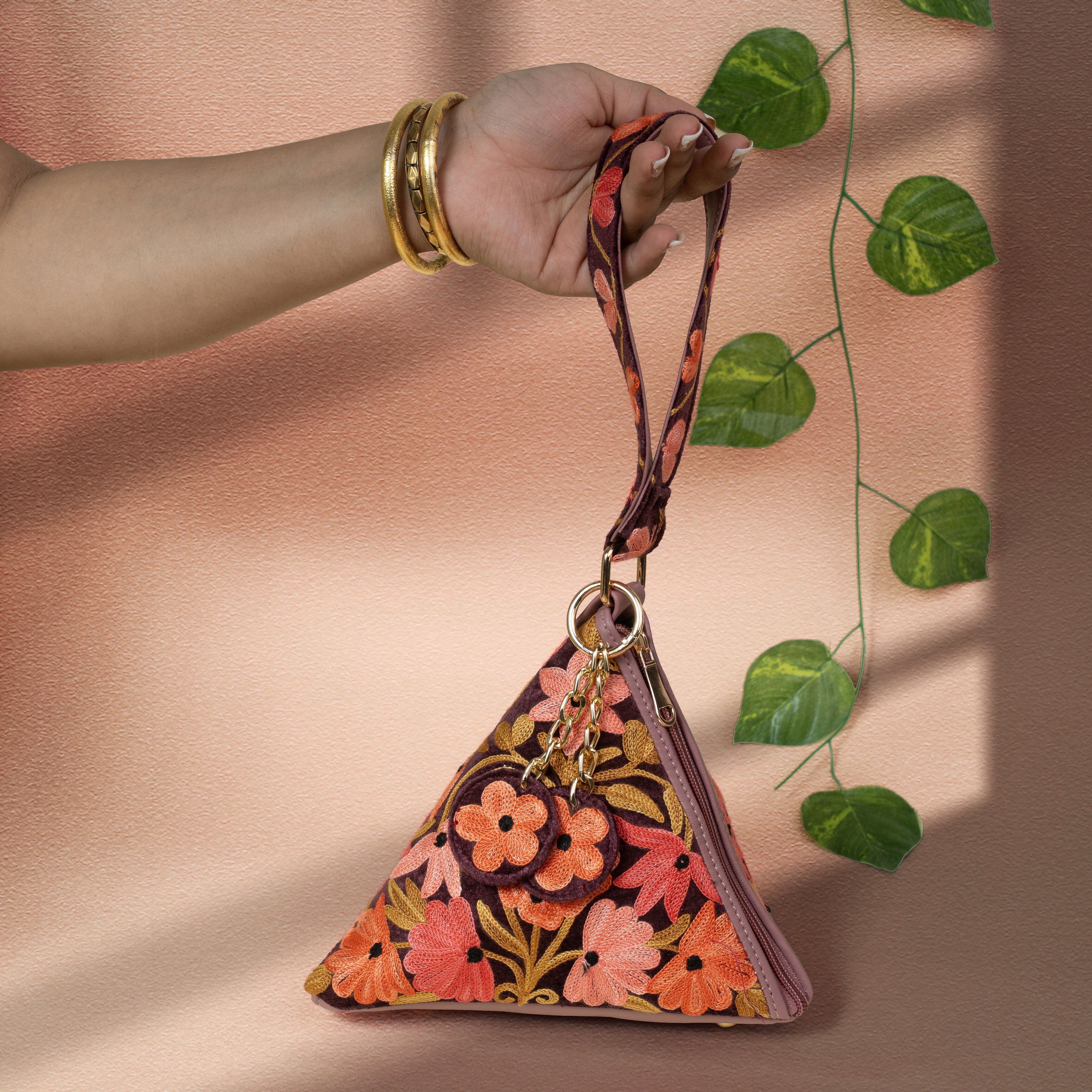 Peach Floral Kashmiri Velvet Triangle Bag