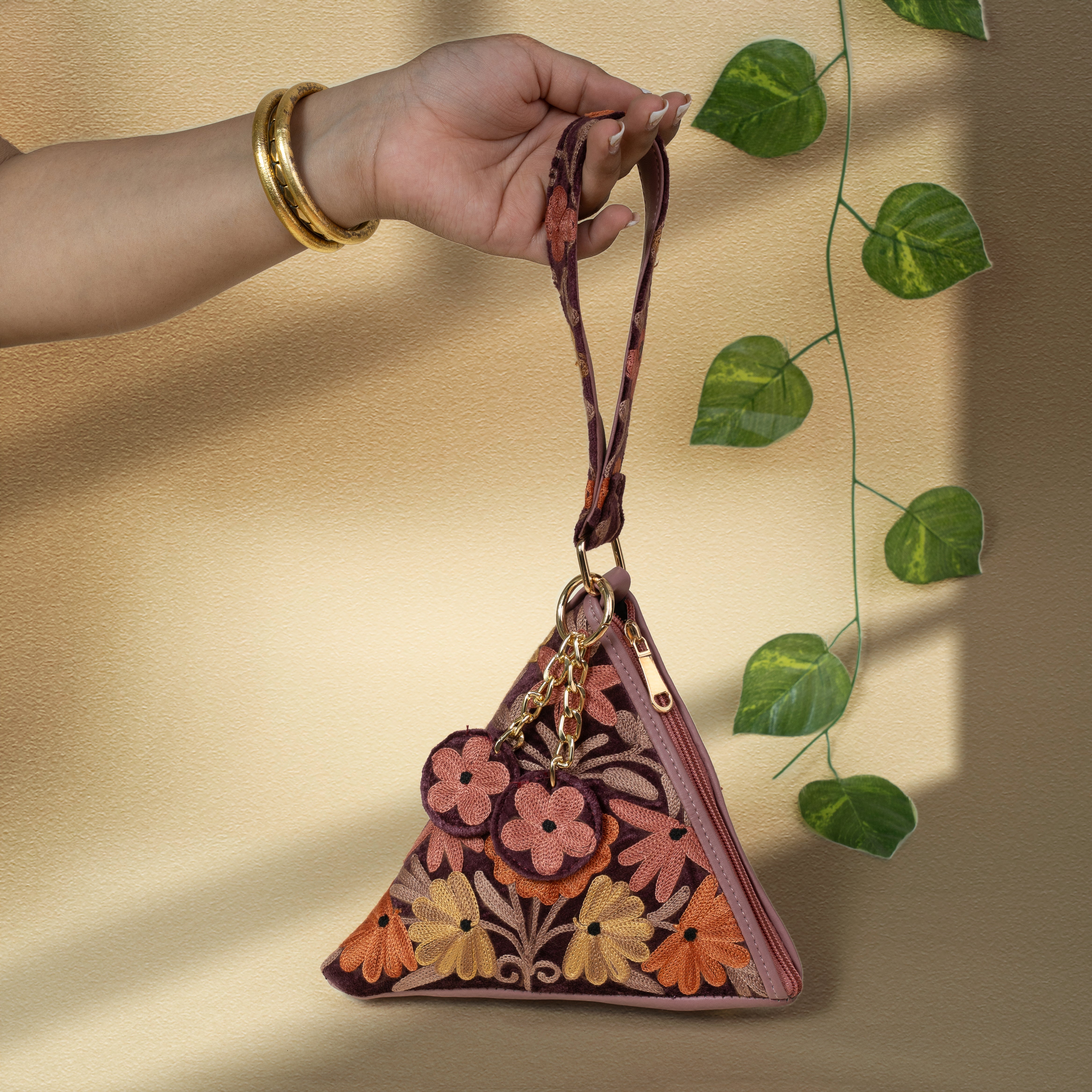 Plum Floral Kashmiri Velvet Triangle Bag