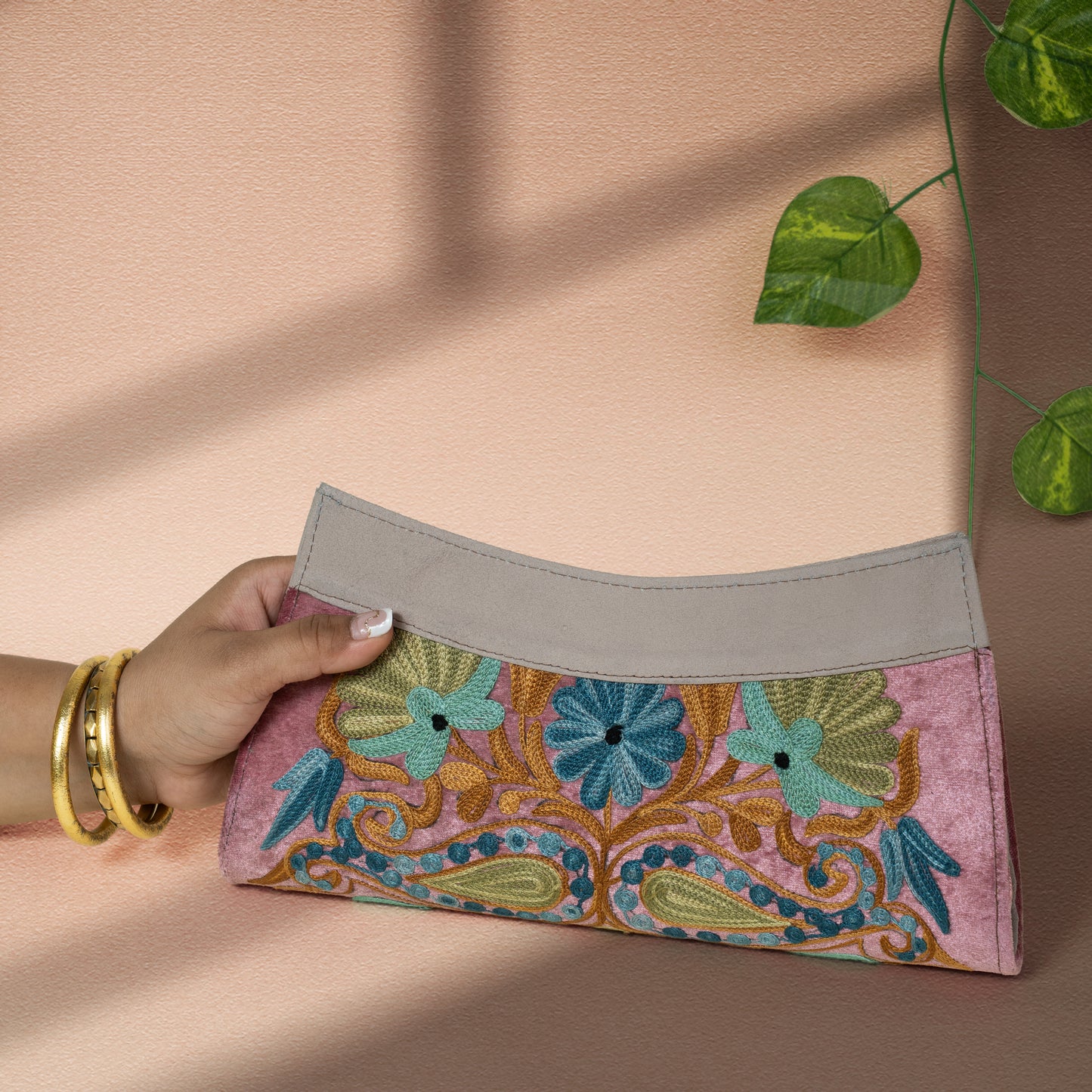 Pink with Beige Kashmiri Velvet Clutch