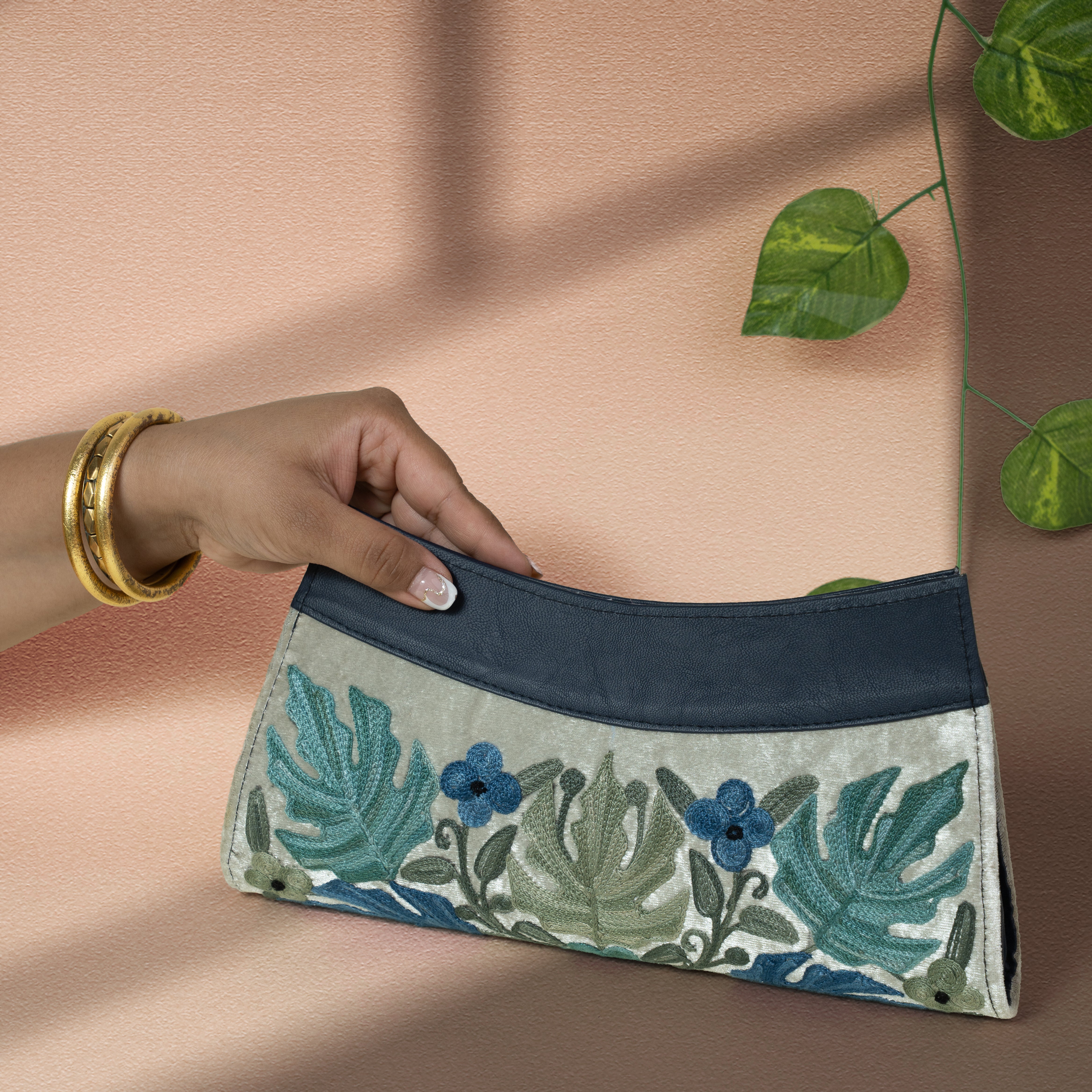 Beige with Blue Kashmiri Velvet Clutch