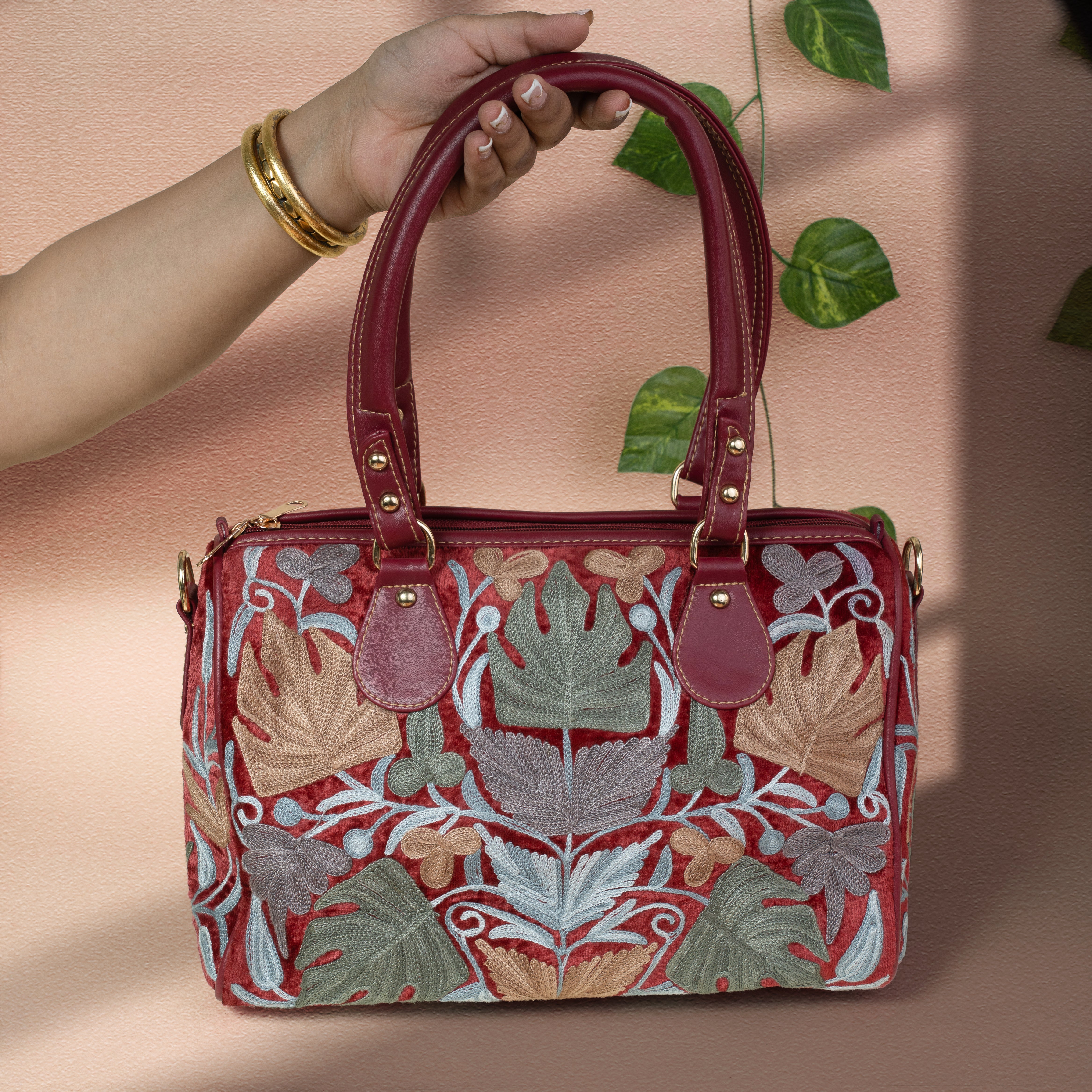 Red Floral Kashmiri Velvet Handbag