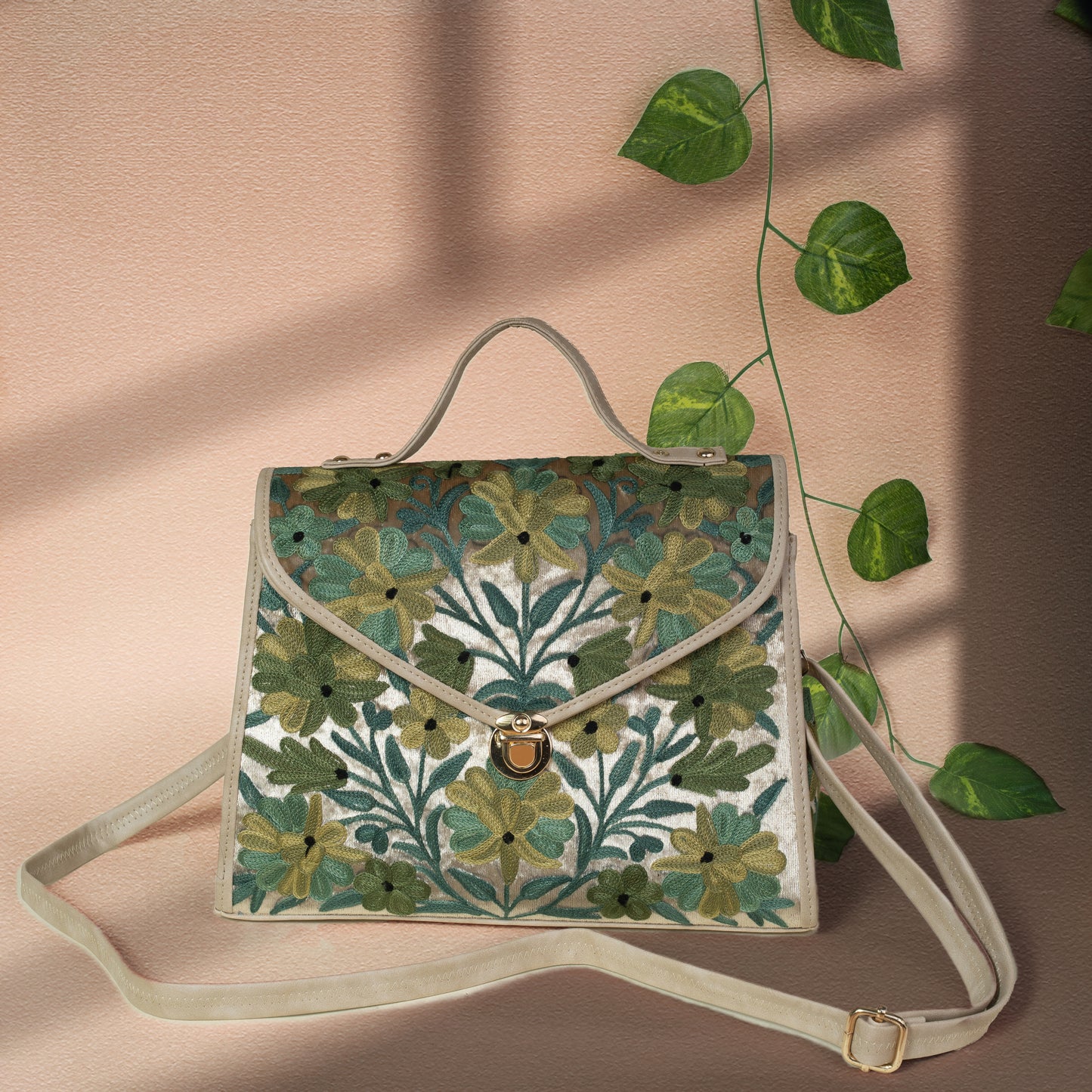 Green Floral Kashmiri Velvet Flap Handbag
