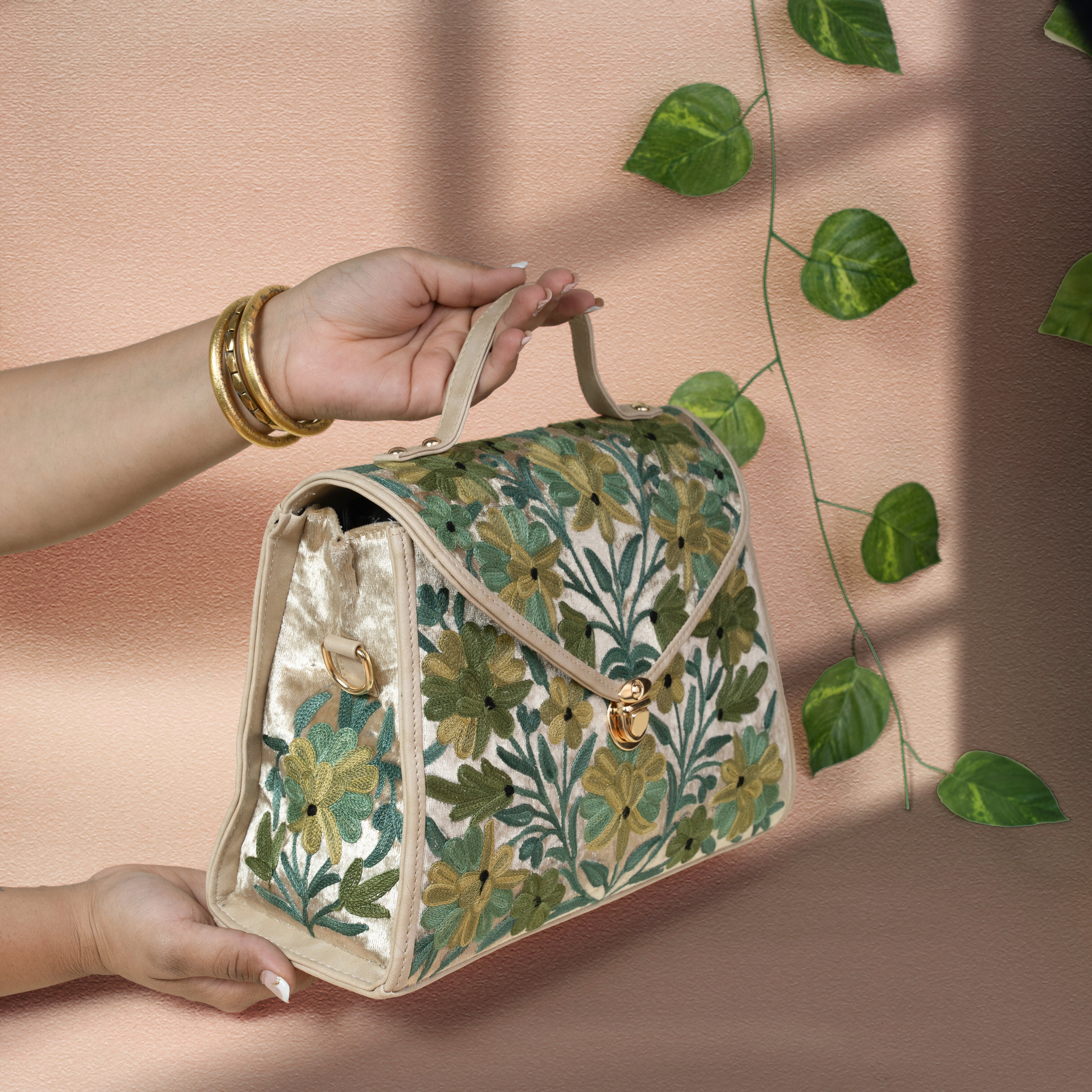 Green Floral Kashmiri Velvet Flap Handbag