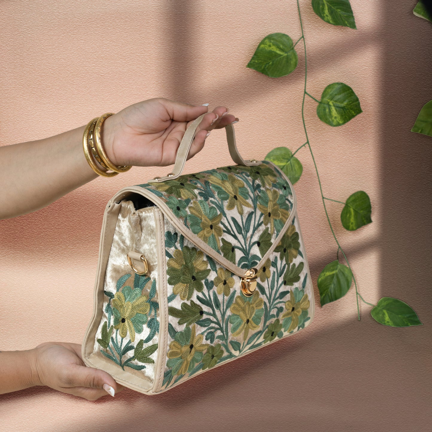 Green Floral Kashmiri Velvet Flap Handbag