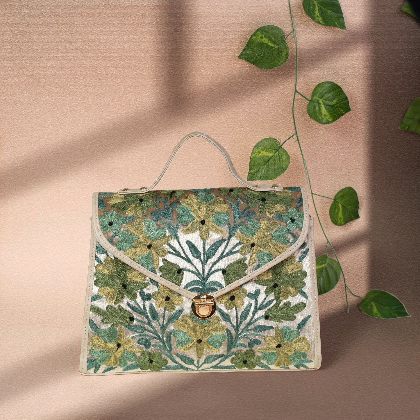 Green Floral Kashmiri Velvet Flap Handbag