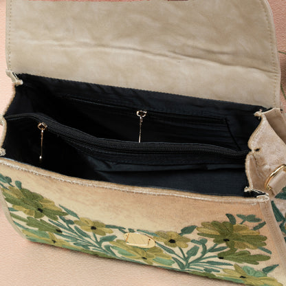Green Floral Kashmiri Velvet Flap Handbag
