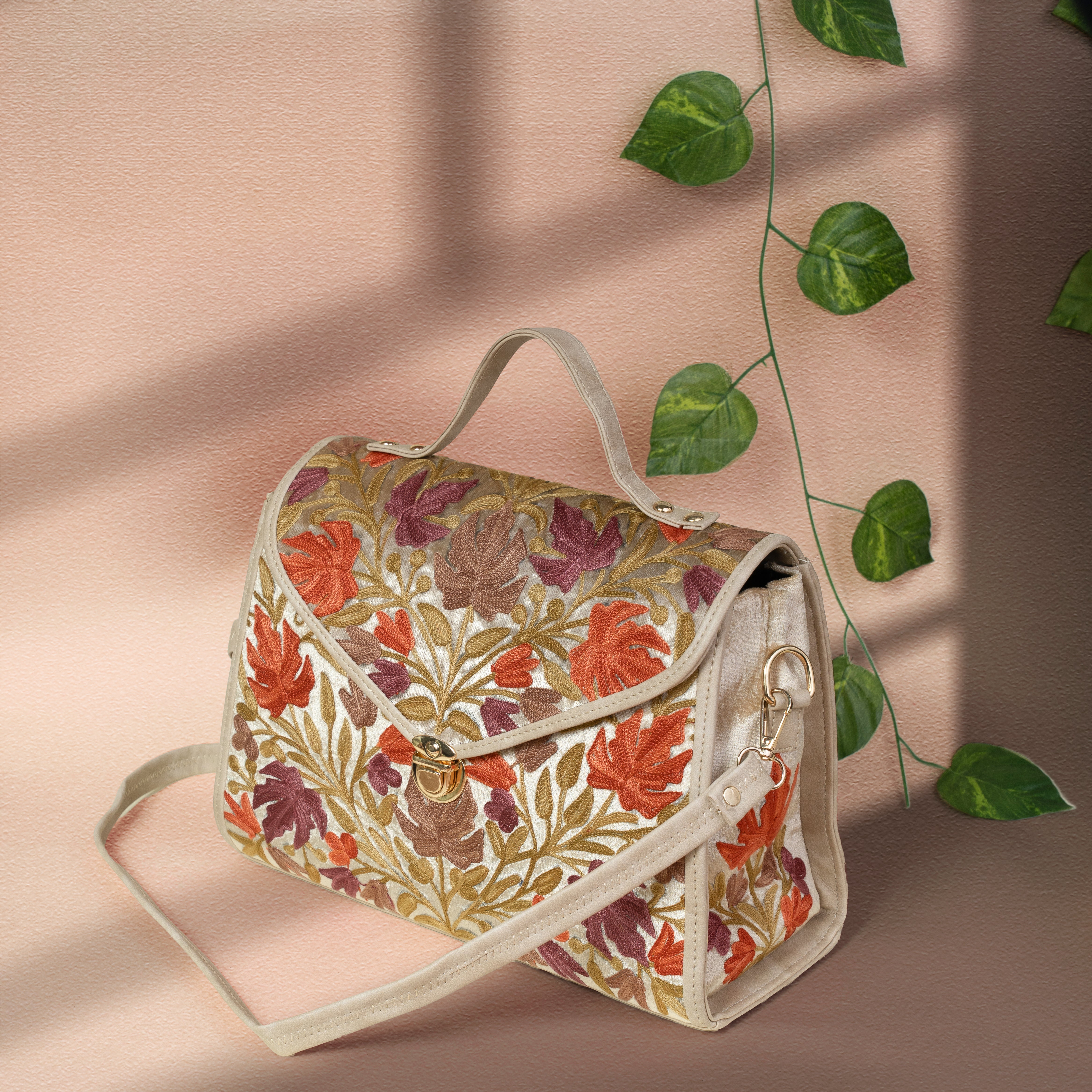 Beige with Orange Kashmiri Velvet Flap Handbag