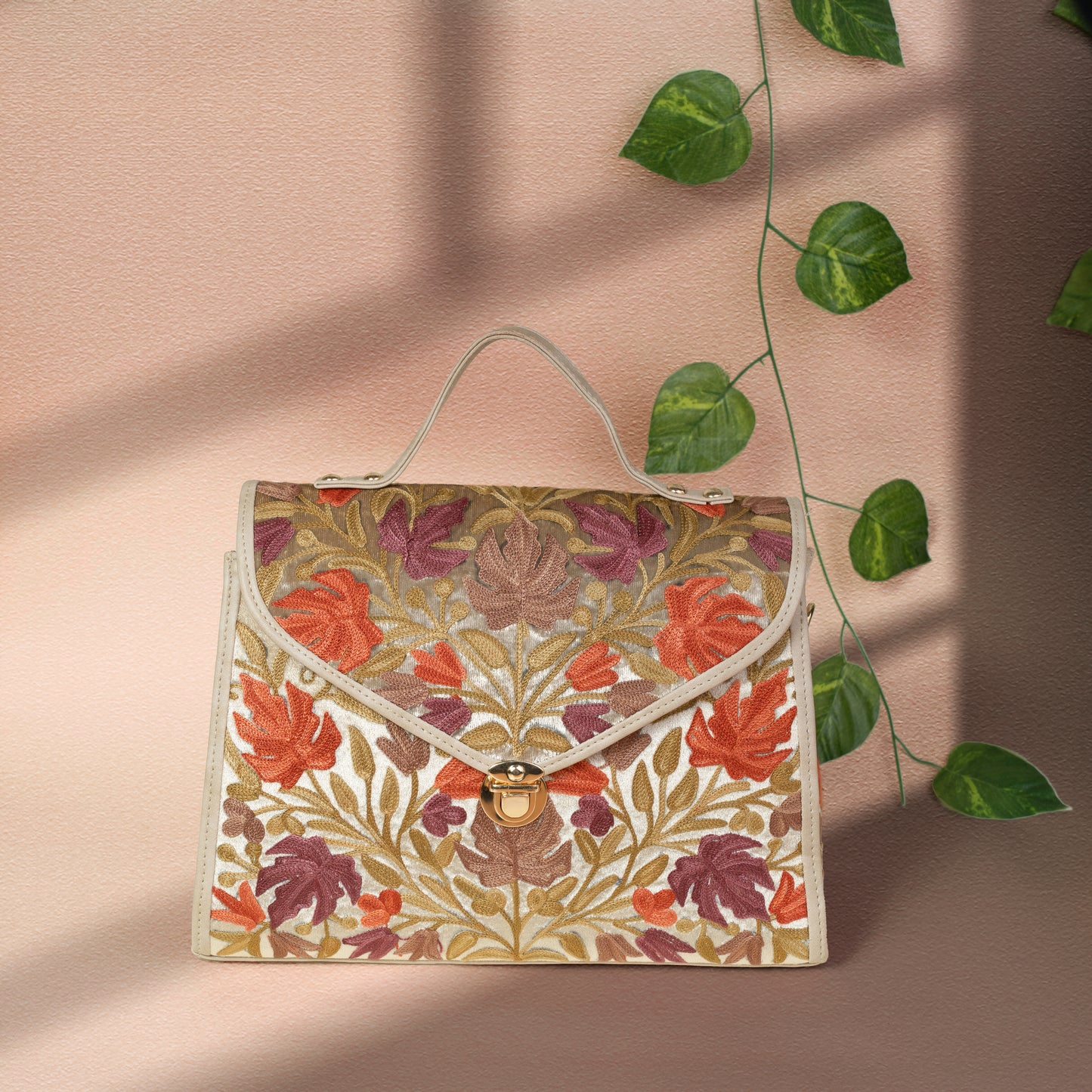 Beige Chinar Kashmiri Velvet Flap Handbag
