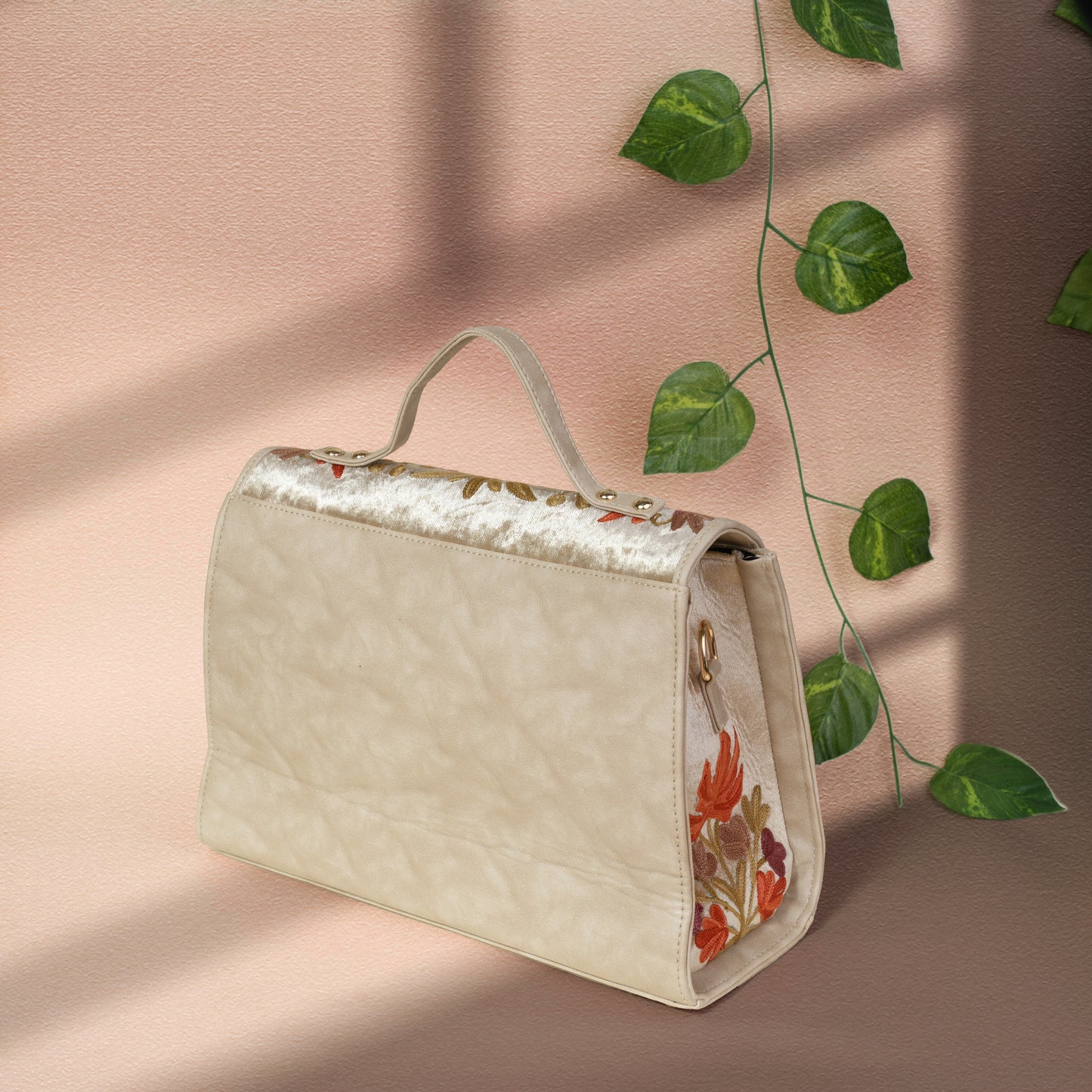 Beige Chinar Kashmiri Velvet Flap Handbag