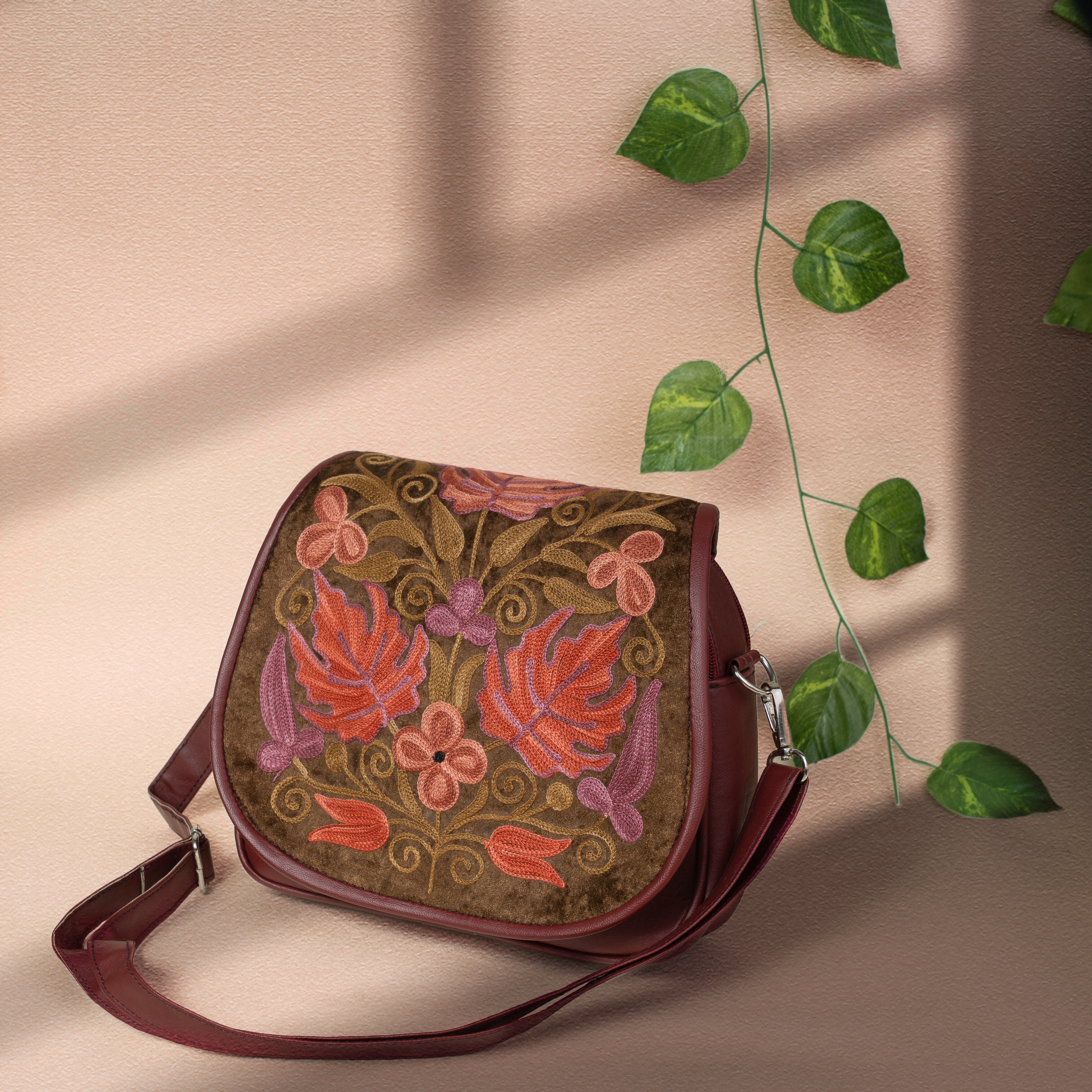 Maroon Kashmiri Velvet Flap Sling Bag