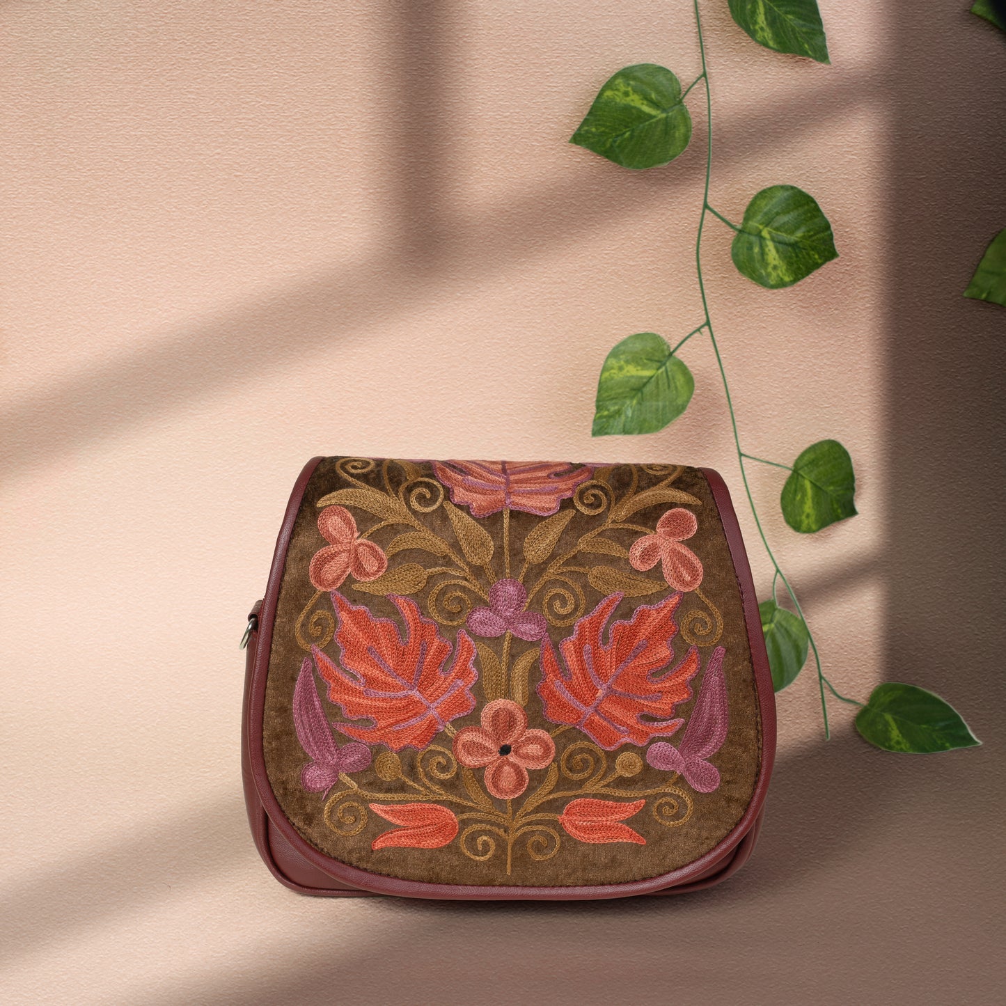 Maroon Kashmiri Velvet Flap Sling Bag
