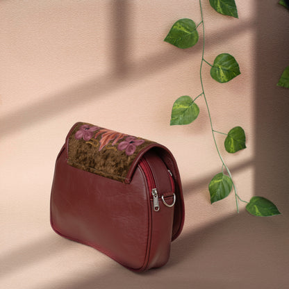 Maroon Kashmiri Velvet Flap Sling Bag