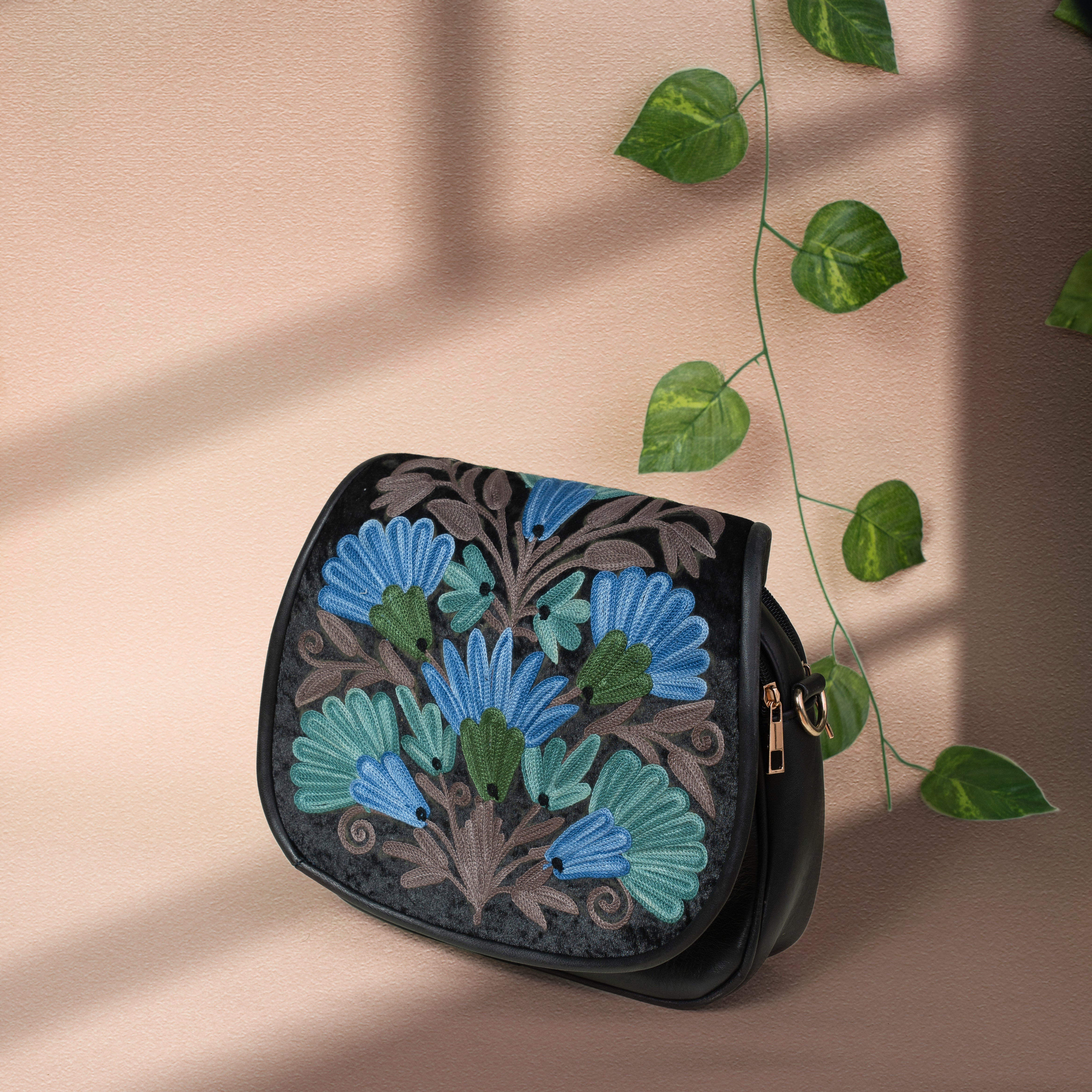 Black with Blue Kashmiri Velvet Flap Sling Bag