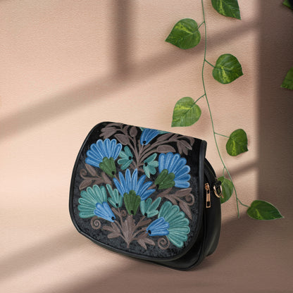 Black with Blue Kashmiri Velvet Flap Sling Bag