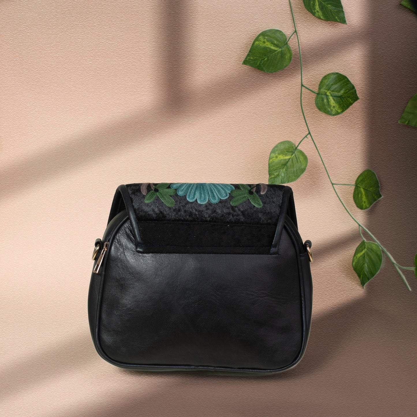 Black with Blue Kashmiri Velvet Flap Sling Bag