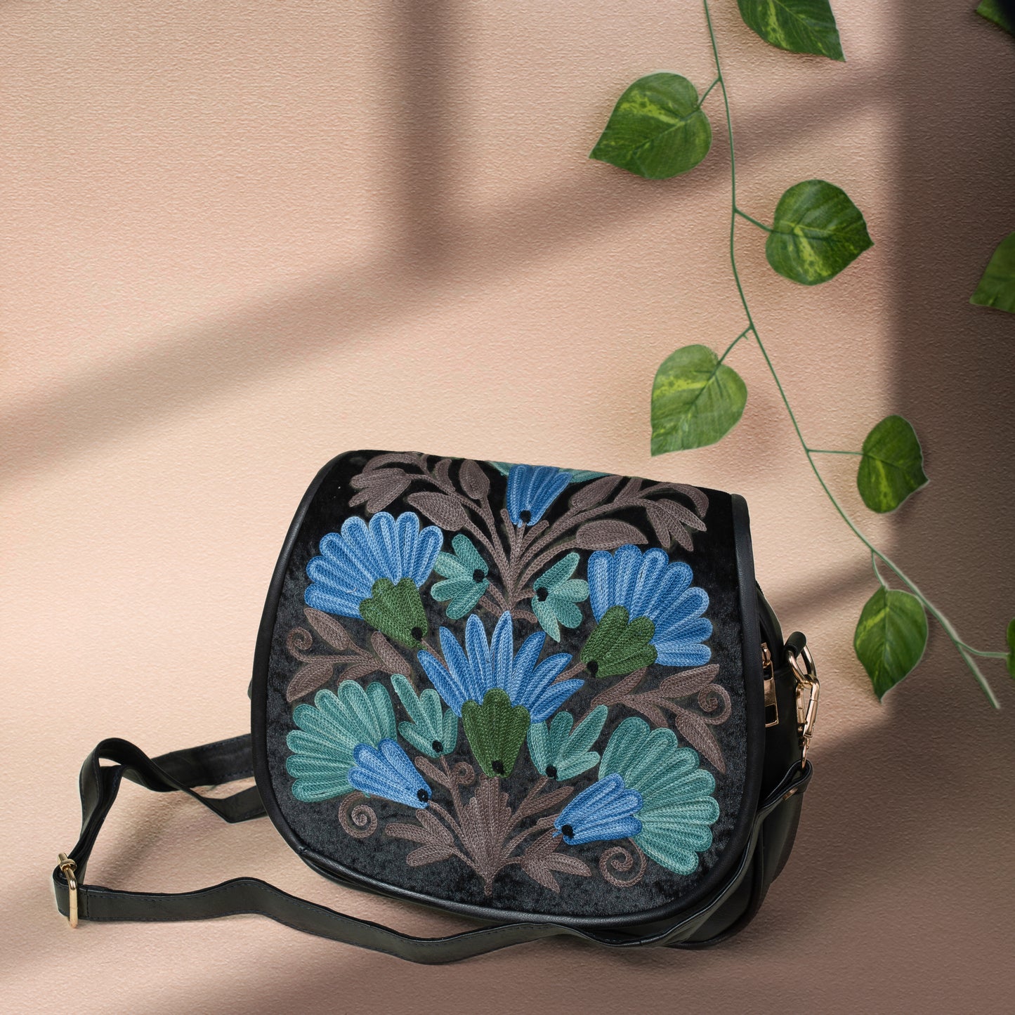 Black with Blue Kashmiri Velvet Flap Sling Bag