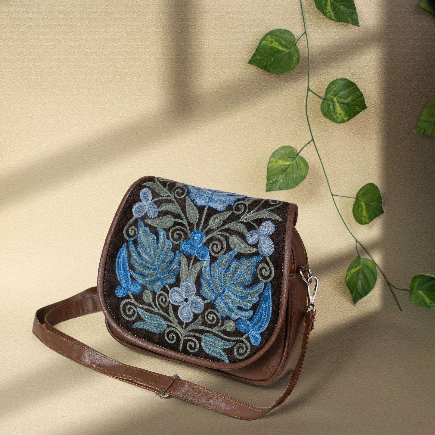 Brown with Blue Kashmiri Velvet Flap Sling Bag