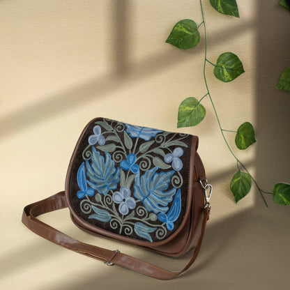 Brown with Blue Kashmiri Velvet Flap Sling Bag
