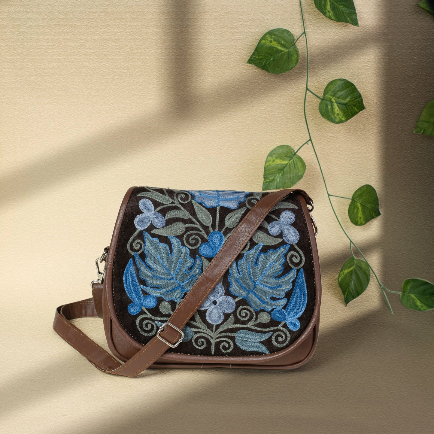 Brown with Blue Kashmiri Velvet Flap Sling Bag