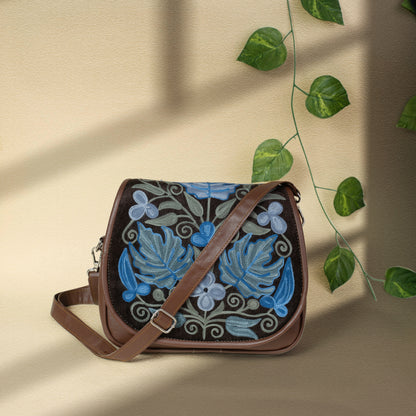 Brown with Blue Kashmiri Velvet Flap Sling Bag