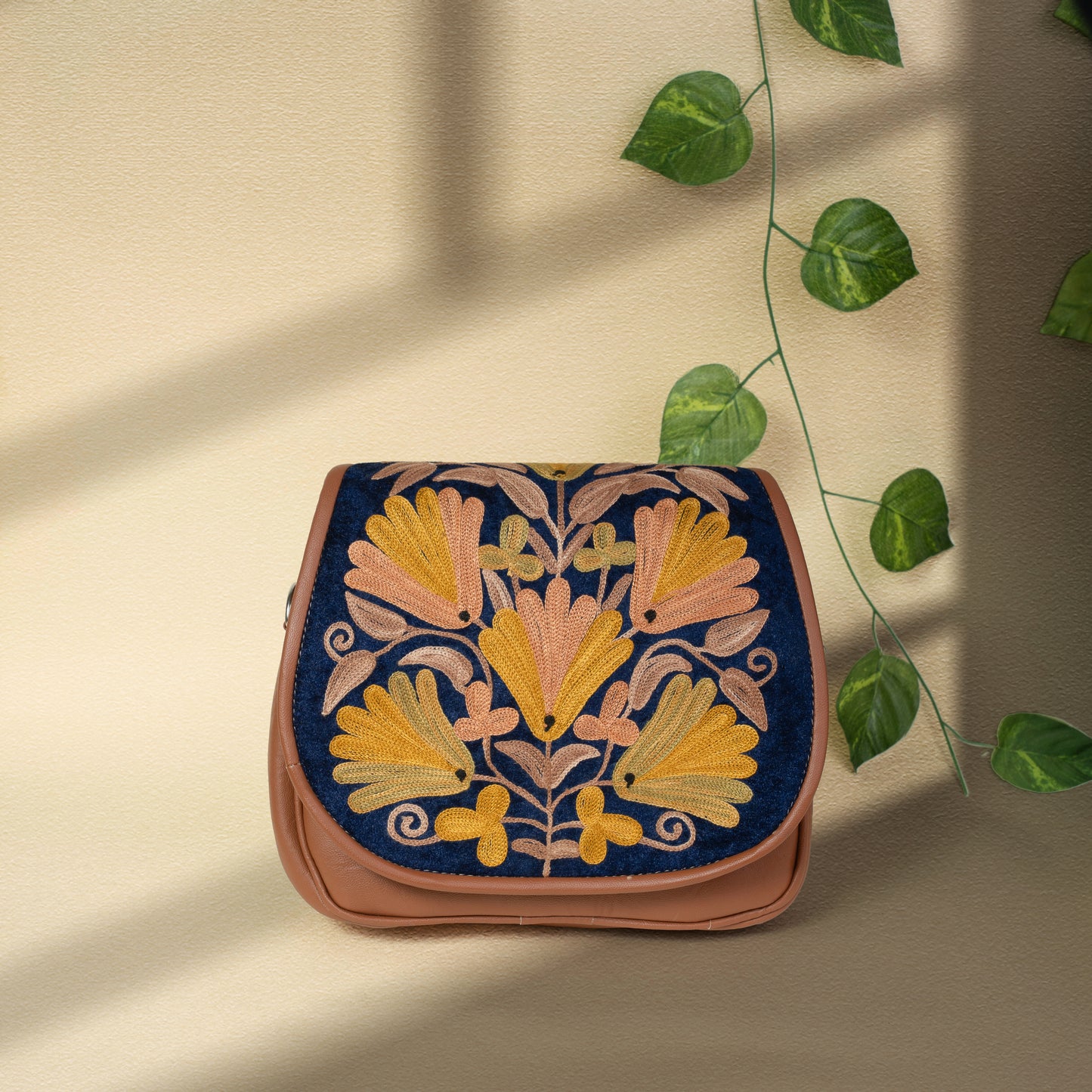 Brown with Yellow Floral Kashmiri Velvet Flap Sling Bag