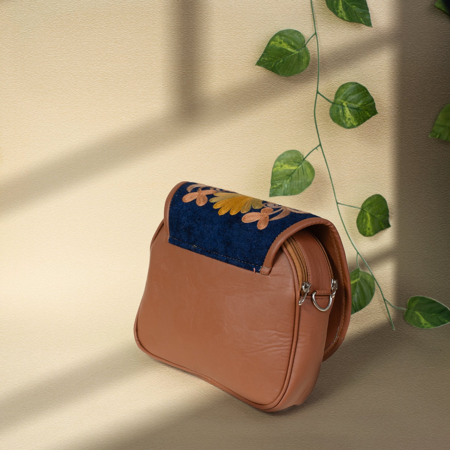 Brown with Yellow Floral Kashmiri Velvet Flap Sling Bag