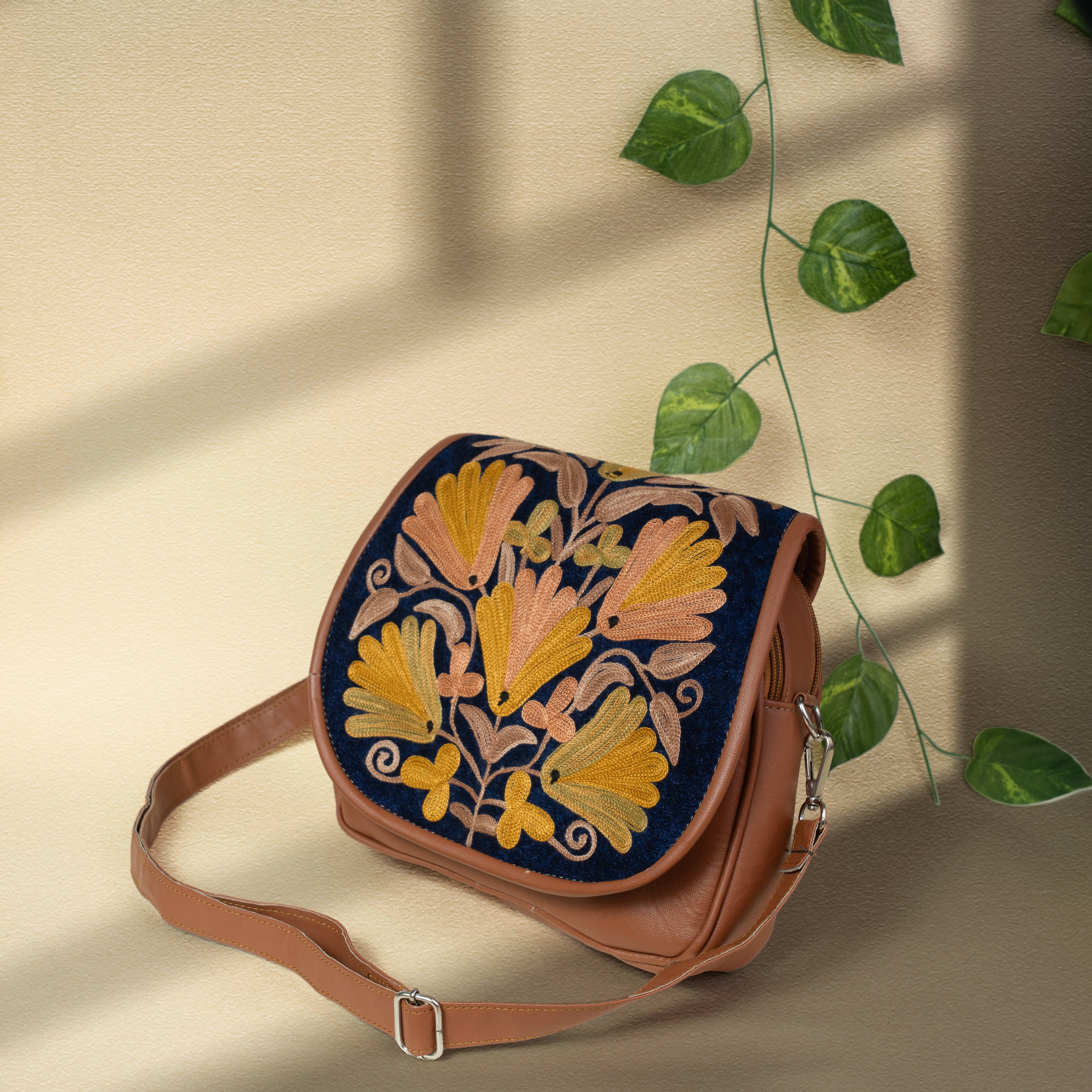 Brown with Yellow Floral Kashmiri Velvet Flap Sling Bag