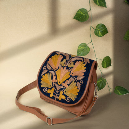 Brown with Yellow Floral Kashmiri Velvet Flap Sling Bag