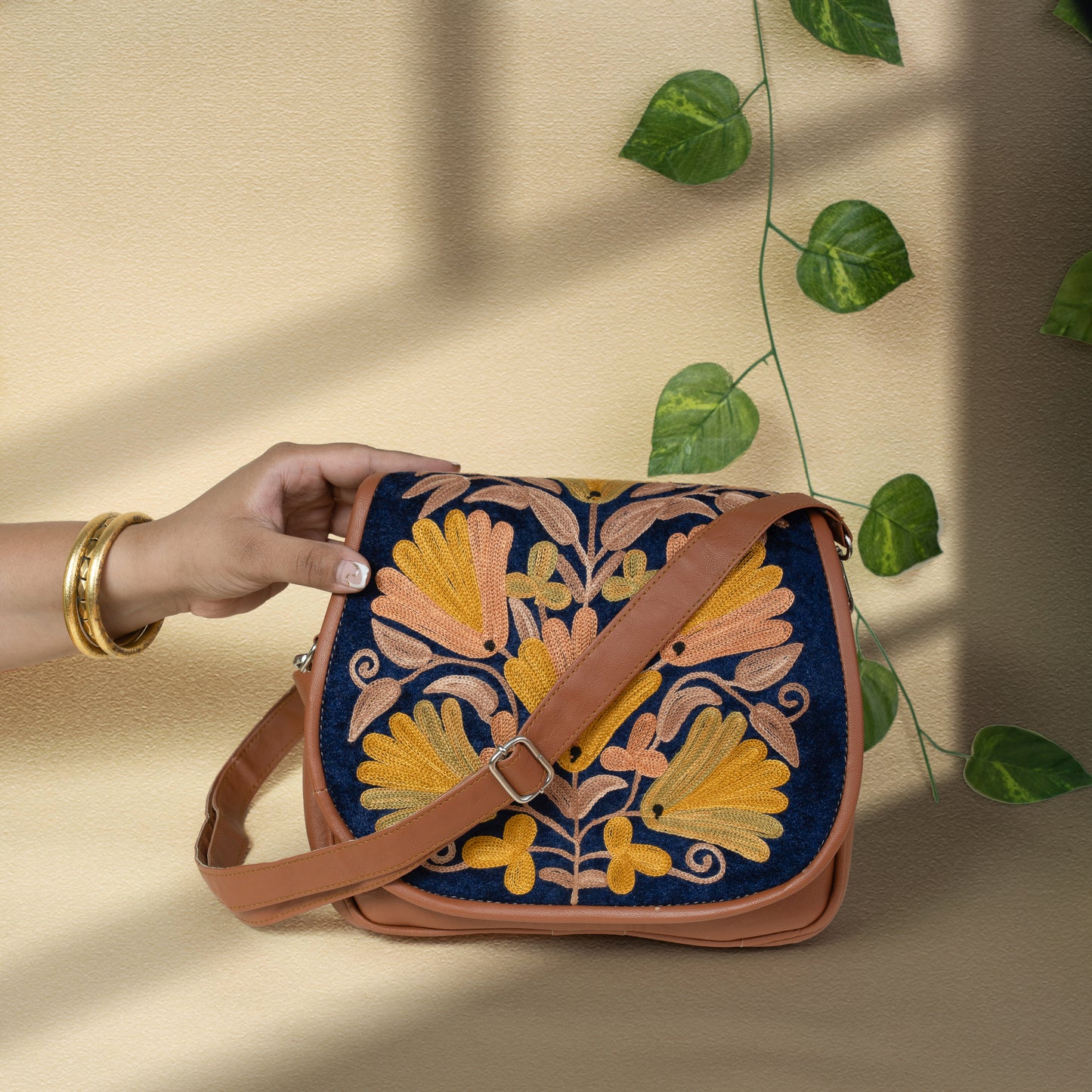 Brown with Yellow Floral Kashmiri Velvet Flap Sling Bag