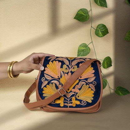 Brown with Yellow Floral Kashmiri Velvet Flap Sling Bag