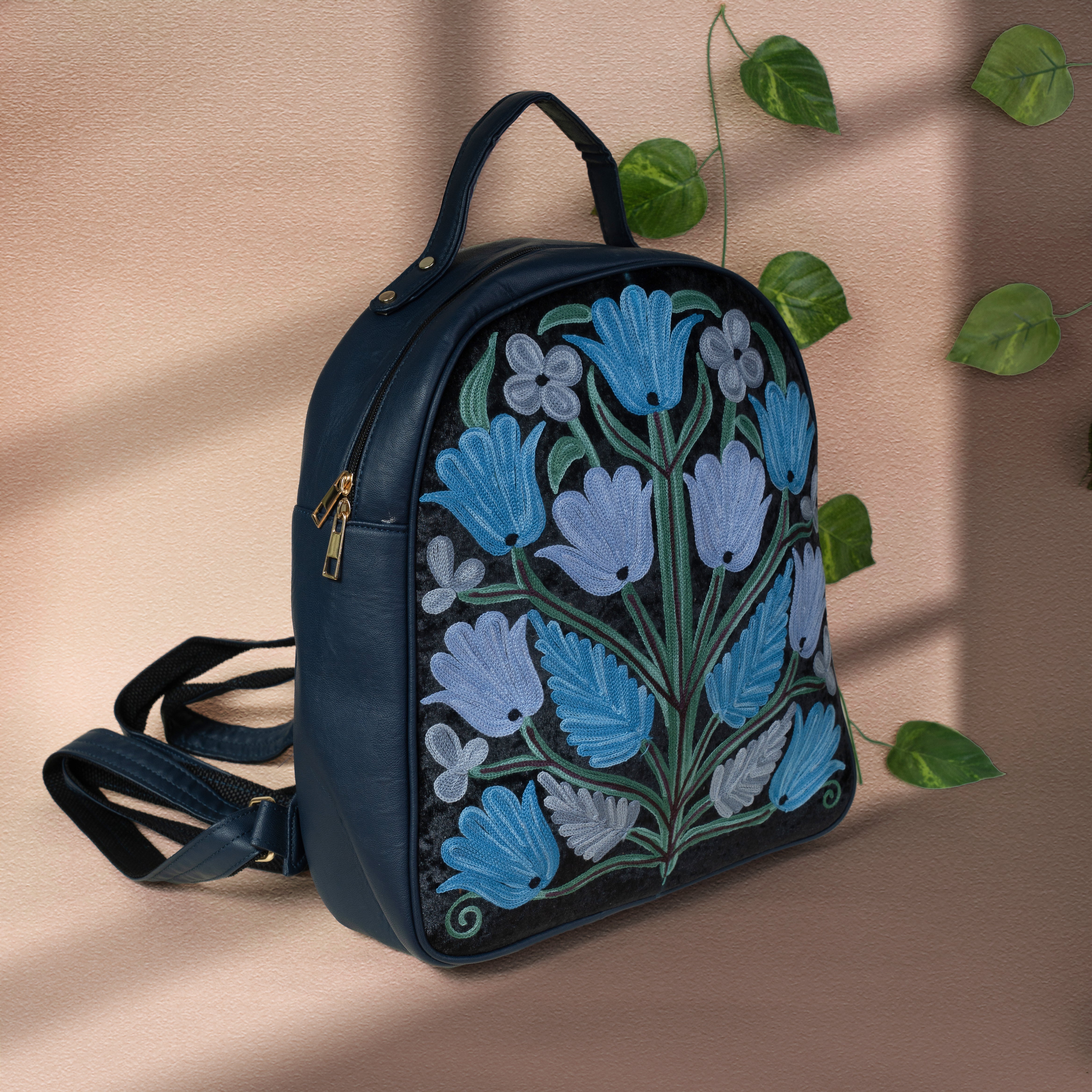 Blue Kashmiri Velvet Floral Bagpack