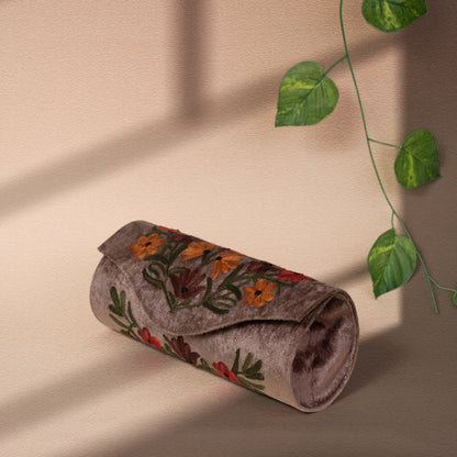 Dusty Brown Floral Kashmiri Velvet Round Clutch