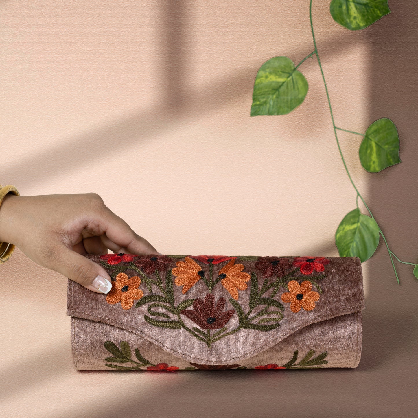 Dusty Brown Floral Kashmiri Velvet Round Clutch