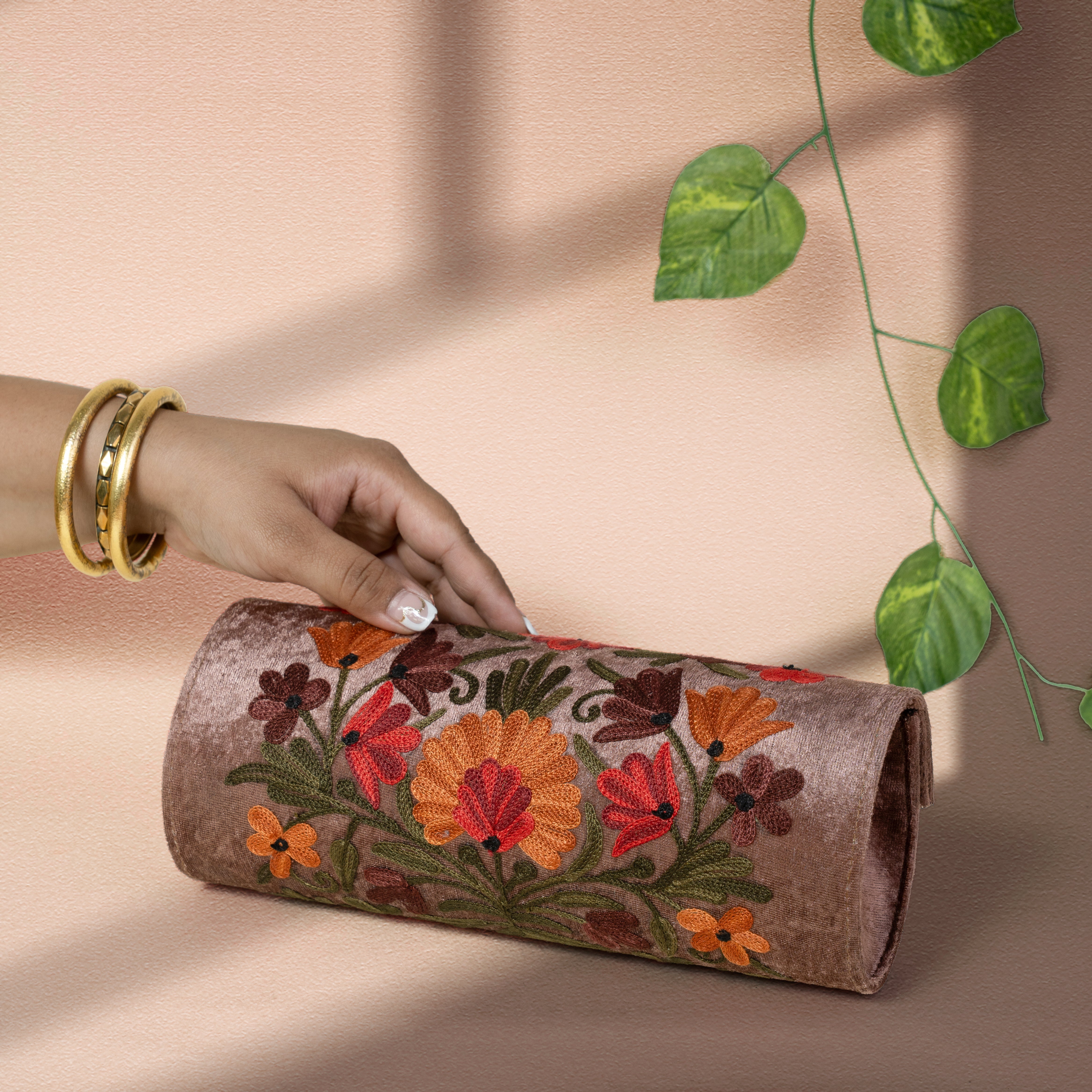 Dusty Brown Floral Kashmiri Velvet Round Clutch
