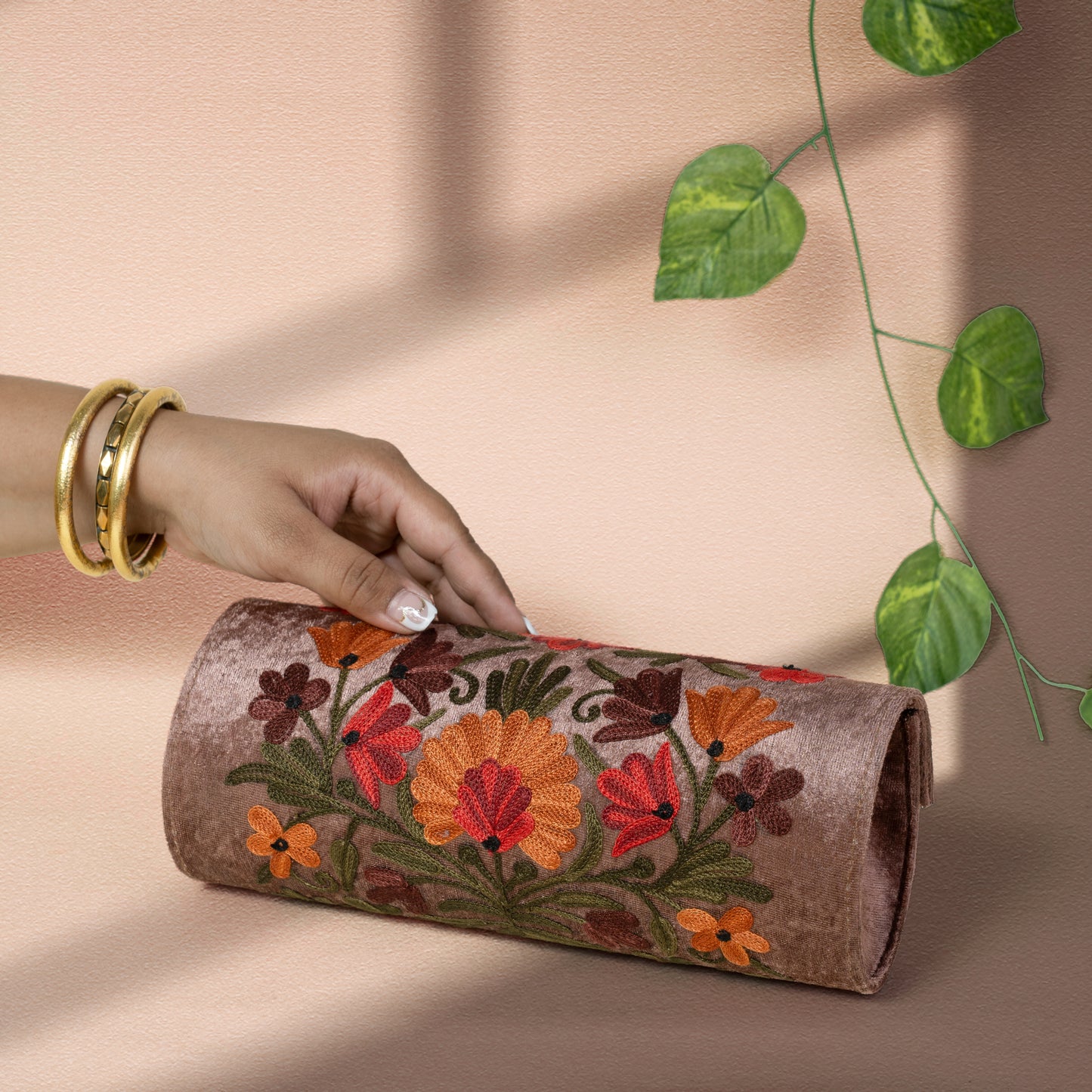 Dusty Brown Floral Kashmiri Velvet Round Clutch