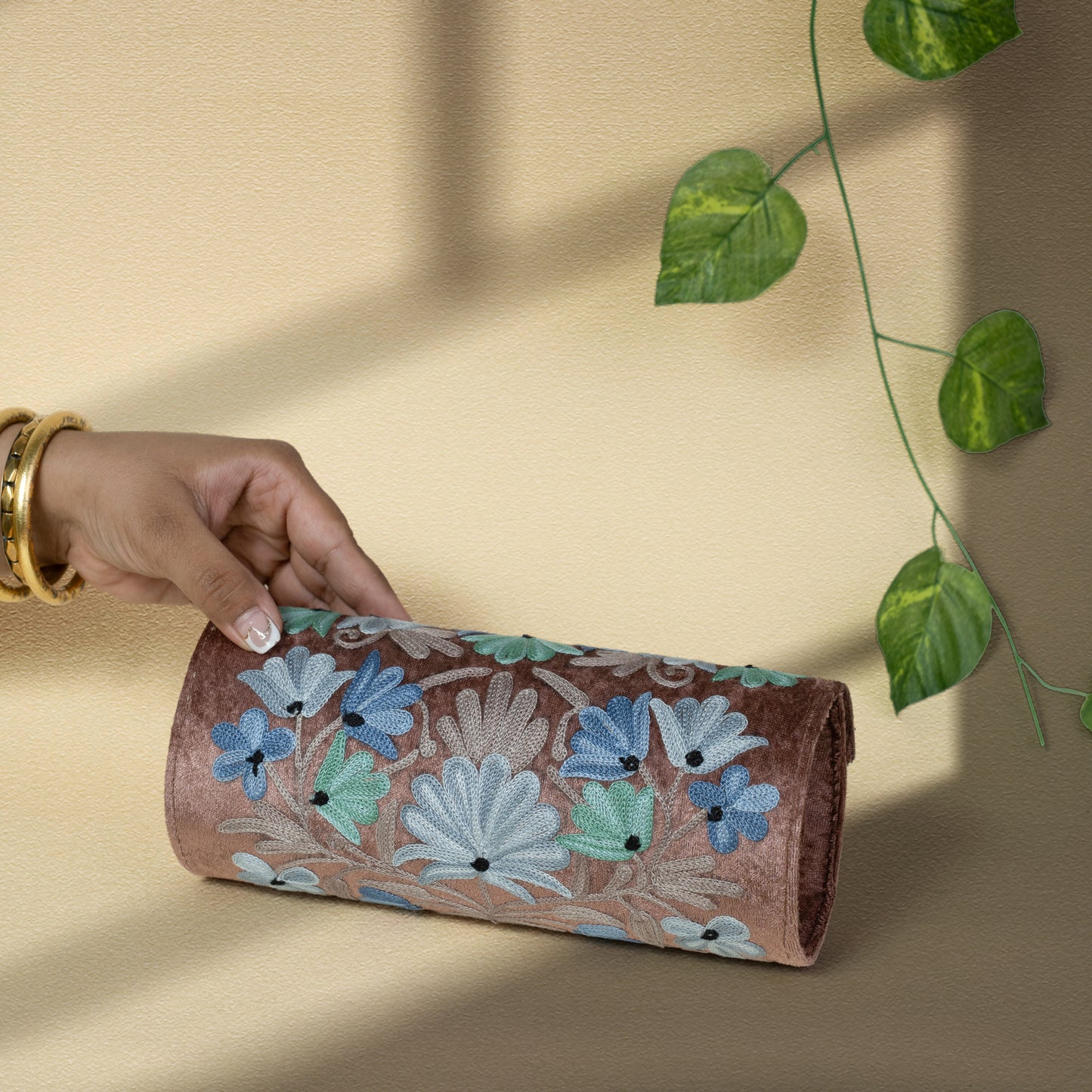 Dusty Brown with Blue Kashmiri Velvet Round Clutch